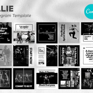 Fitness Instagram Canva Template, Minimalist, Gym, Black and White, Instagram Posts, Social Media Template, Editable Posts for IG, Monotone