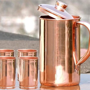 Pure Copper Plain Water Tumbler, Jug With Lid - Kitchen Decor Flask Pitcher - Quality Copper Water Drinking - Ayurveda Health Benefits