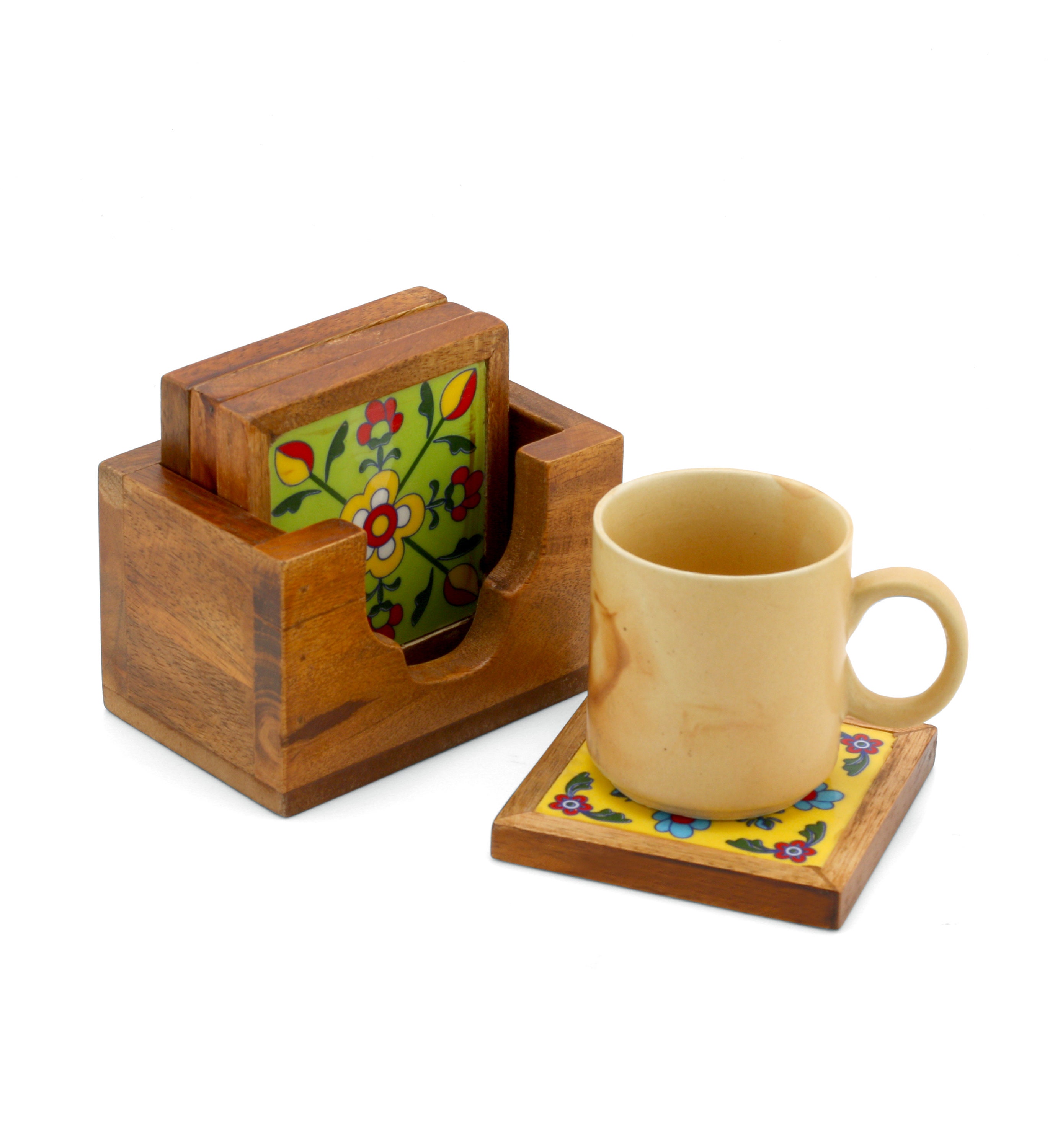 Wood Ceramic Handmade Coaster Set of 6 with Wooden Holder Etsy