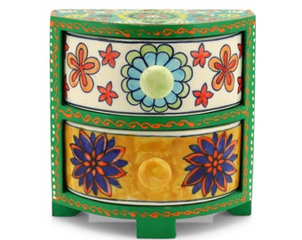 Indian Ceramic and Wooden Chest of Drawers, Ceramic Drawer - Handcrafted Multipurpose Storage Box, Spice Box, Small Jewelry Box