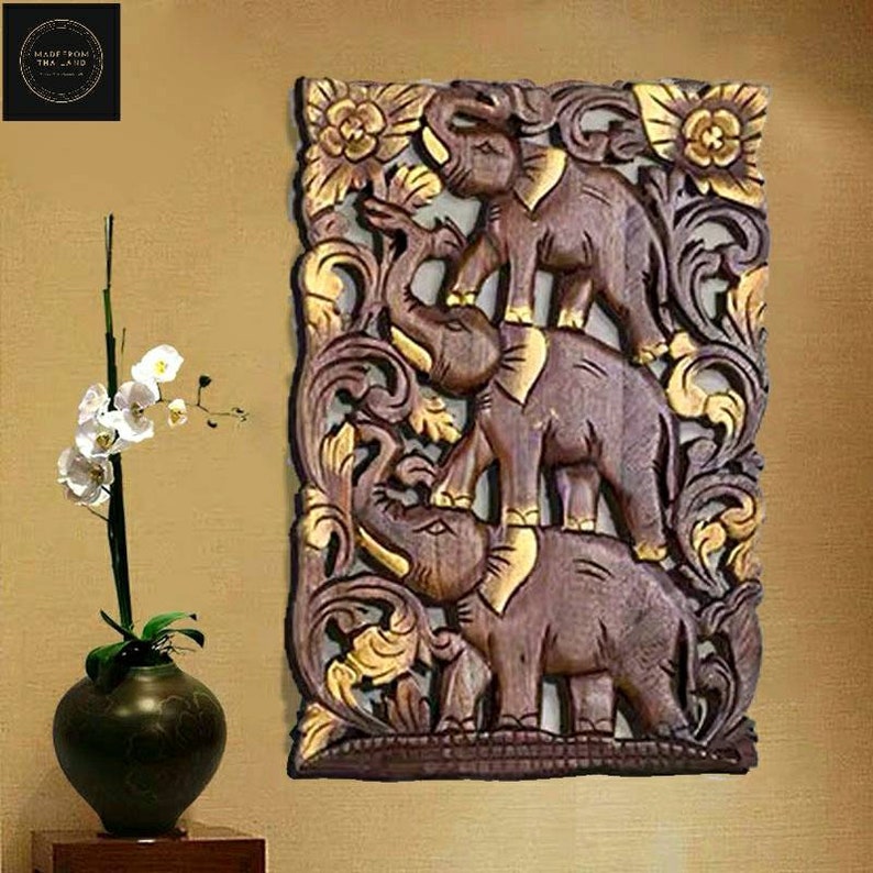 Thai Elephant Wood Carving Wall Decoration Etsy