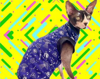 Cat Shirt Outer Space - Sphynx Clothes Clothing Cotton Coat Vest Jumper Sweater Pet Tee PJs Sphinx Kitten Apparel Fashion Devon Cornish Rex