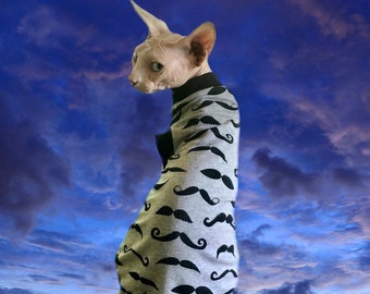 Cat Shirt Grey Black Moustache Design - Sphynx Clothes Clothing Cotton Coat Vest Top Jumper Sweater Sphinx Kitten Apparel Devon Cornish Rex