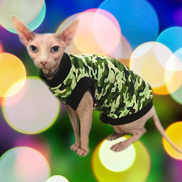 Cat Shirt Green Glitter Camouflage Design - Sphynx Clothes Clothing Cotton Coat Vest Top Jumper Sweater Tee Sphinx Camo Devon Cornish Rex