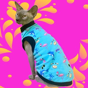 Tropical Holiday Cat Shirt - Sphynx Clothes Clothing Cotton Coat Vest T Jumper Sweater Pet Tee PJs Sphinx Kitten Apparel Devon Cornish Rex