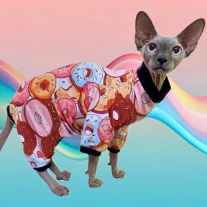 Donut Print Cat Romper Catsuit Pyjamas Sphynx Clothes Clothing Jumper Jumpsuit Cotton Coat Vest Sweater Sphinx Devon Cornish Rex Siamese