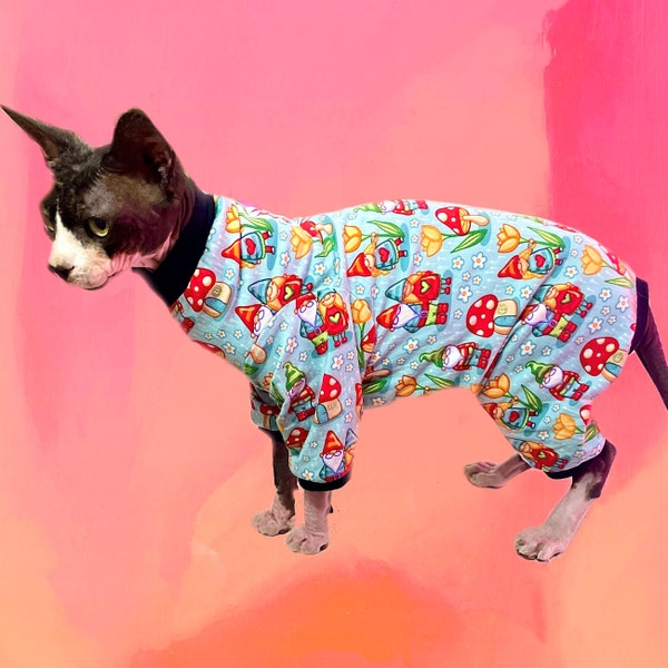 Gnome Print Cat Romper Catsuit Pyjamas Sphynx Clothes Clothing Jumper Jumpsuit Cotton Coat Sweater Sphinx Devon Cornish Rex Siamese