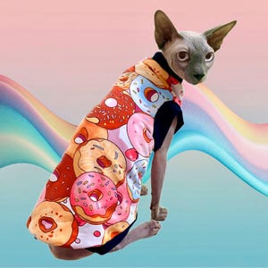Cat Shirt Donut Print - Sphynx Clothes Clothing Cotton Coat Vest Jumper Sweater Pet Tee PJs Sphinx Kitten Apparel Fashion Devon Cornish Rex