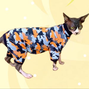 Orange Camo Dinosaur Cat Romper Catsuit Pyjamas Sphynx Clothes Clothing Jumper Jumpsuit Onesie Coat Sweater Devon Cornish Rex Siamese Pet