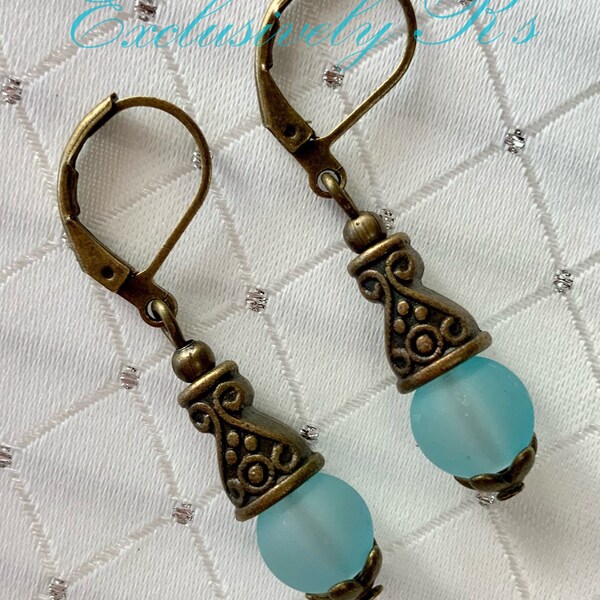 Beautiful Handcrafted Aqua Blue Glass & Bronze Plated Pierced Earrings Leverback Beach Lover/Ocean/Summer/Island