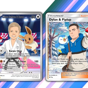 May include: Two Pokemon trading cards featuring custom illustrations of people and their Pokemon. The first card is a basic card featuring Linus Carlson and Eevee. The second card is a trainer card featuring Dylan and Piplup. Both cards have a white background with a silver border.