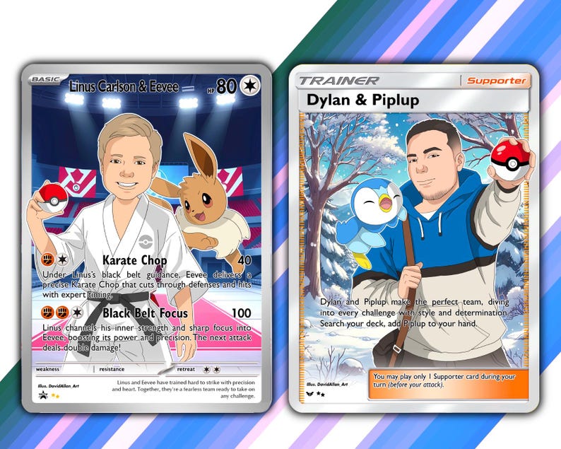 May include: Two Pokemon trading cards featuring custom illustrations of people and their Pokemon. The first card is a basic card featuring Linus Carlson and Eevee. The second card is a trainer card featuring Dylan and Piplup. Both cards have a white background with a silver border.