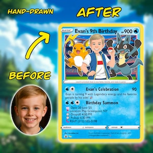 Convite personalizado com carta Pokémon para aniversário infantil, presente de aniversário personalizado, carta de treinador Pokémon para impressão, carta personalizada Pokémon com foto