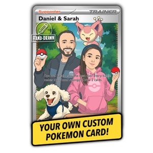 Carta Allenatore Pokemon personalizzata / Regalo d'arte anime disegnata a mano / Ritratto personalizzato per coppie, bambini e famiglie / Stampa di carte TCG