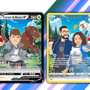 May include: Two custom Pokemon trading cards featuring a boy and his dog, and a couple with a Pokemon. The cards have illustrations of the people and their Pokemon, along with the Pokemon's name, type, and stats. The cards are designed to look like official Pokemon cards.