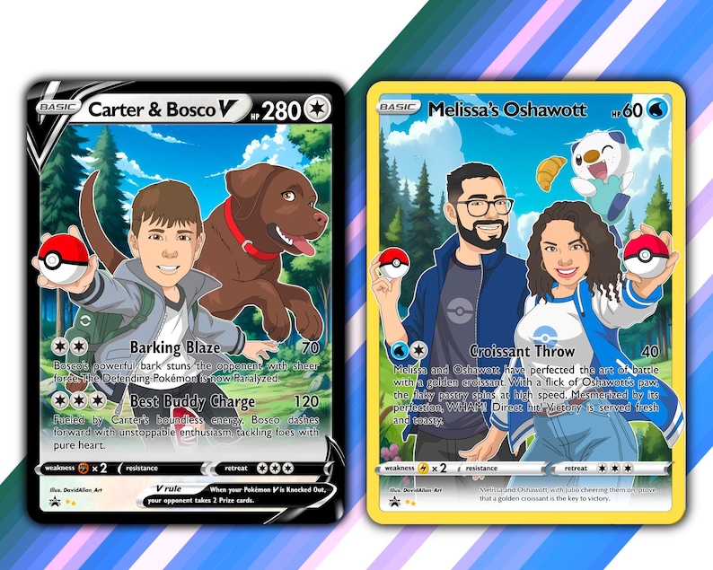 May include: Two custom Pokemon trading cards featuring a boy and his dog, and a couple with a Pokemon. The cards have illustrations of the people and their Pokemon, along with the Pokemon's name, type, and stats. The cards are designed to look like official Pokemon cards.