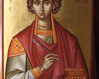 Byzantijns geschilderd icoon van Saint Panteleimon, AGIOS PANTELEIMONON, Sfantul Pantelimon