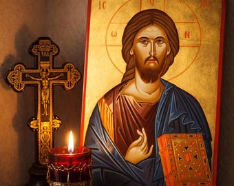 Orthodox Icon Jesus Christ Pantocrator, Hand Painted Byzantine Christ Icon, Christian Wall Art, Religious Icon A4,Orthodox Decor Gift