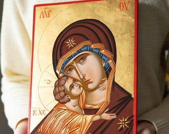 Orthodox Icon Mother of God, Hand Painted Byzantine Virgin Mary Icon, Christian Wall Art, Madonna and Child, A4 20x30 cm,Prayer Corner Decor