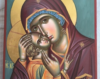 Hand Painted Orthodox Icon of Virgin Mary and Child – Byzantine Theotokos Eleusa, Religious Wall Art on Wood