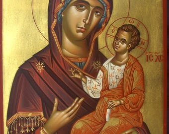 Hand Painted Orthodox Icon of Virgin Mary and Child Jesus – Byzantine Style Religious Wall Art on Wood, Christian Gift