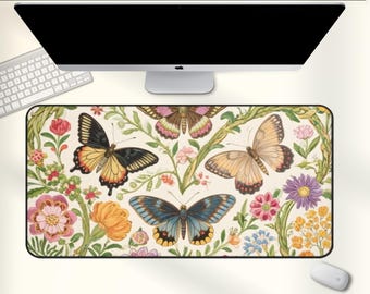 Vintage Butterfly Art Desk Mat Mouse Pad Goudeau Inspired Christmas Gift for Office Large Extended Mousepad French Retro Florals 0116