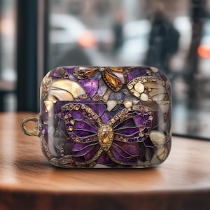 Hard Cover Case Airpod Pro 2 Case Stained Glass Effect Airpod Pro 1 Case Design Purple Golden Bow Birthday Gift With Keychain Ring AP01