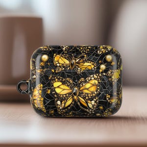 Protective Stained Glass Airpod Pro 2 Case Cover Golden Butterfly Black Shinny Airpod Pro 1 Case Birthday Gift with Metal Keychain Ring