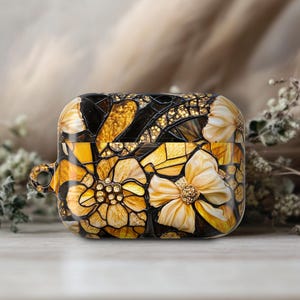 Tough Stained Glass Airpod Pro 2 Case Cover Golden Bow Coquette Airpod Pro 1 Case With Birthday Gift with Metal Keychain Ring