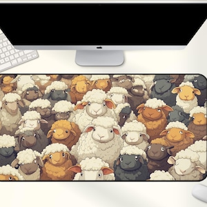May include: A rectangular mousepad featuring a cartoon illustration of a flock of sheep. The sheep have white, brown, and black wool, with various shades of brown and yellow faces. The mousepad is designed to sit under a computer monitor and keyboard.