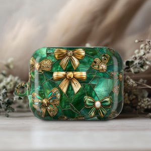 Stained Glass Effect Airpod Pro 2 Case Green Boho Bow Gem Print Airpod Pro 1 Case Cover Birthday Gift With Keychain Ring AP01