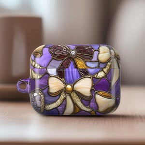 Purple Stained Glass Airpod Pro 2 Case Messy Coquette Bow Airpod Pro 1 Case Cover Birthday Gift Easy Carry Metal Keychain Ring