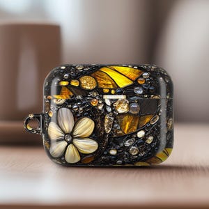 Shinny Stained Glass Effect Airpod Pro 2 Case Cover Pearl Floral Gem Airpod Pro 1 Case Birthday Gift with Metal Keychain Ring