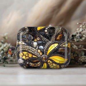 Protective Stained Glass Airpod Pro 2 Case Cover Black Golden Bow Gem Paint Airpod Pro 1 Case Birthday Gift Metal Keychain Ring