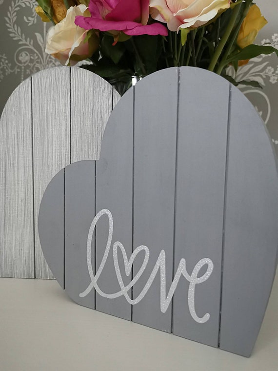 Love Wooden Standing Double Rustic Shabby Chic Hearts Grey Home Decor 