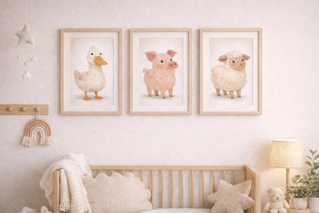 Farm Animal Nursery Wall Art Set of 3 | Neutral Kids Room Decor | Duck ...