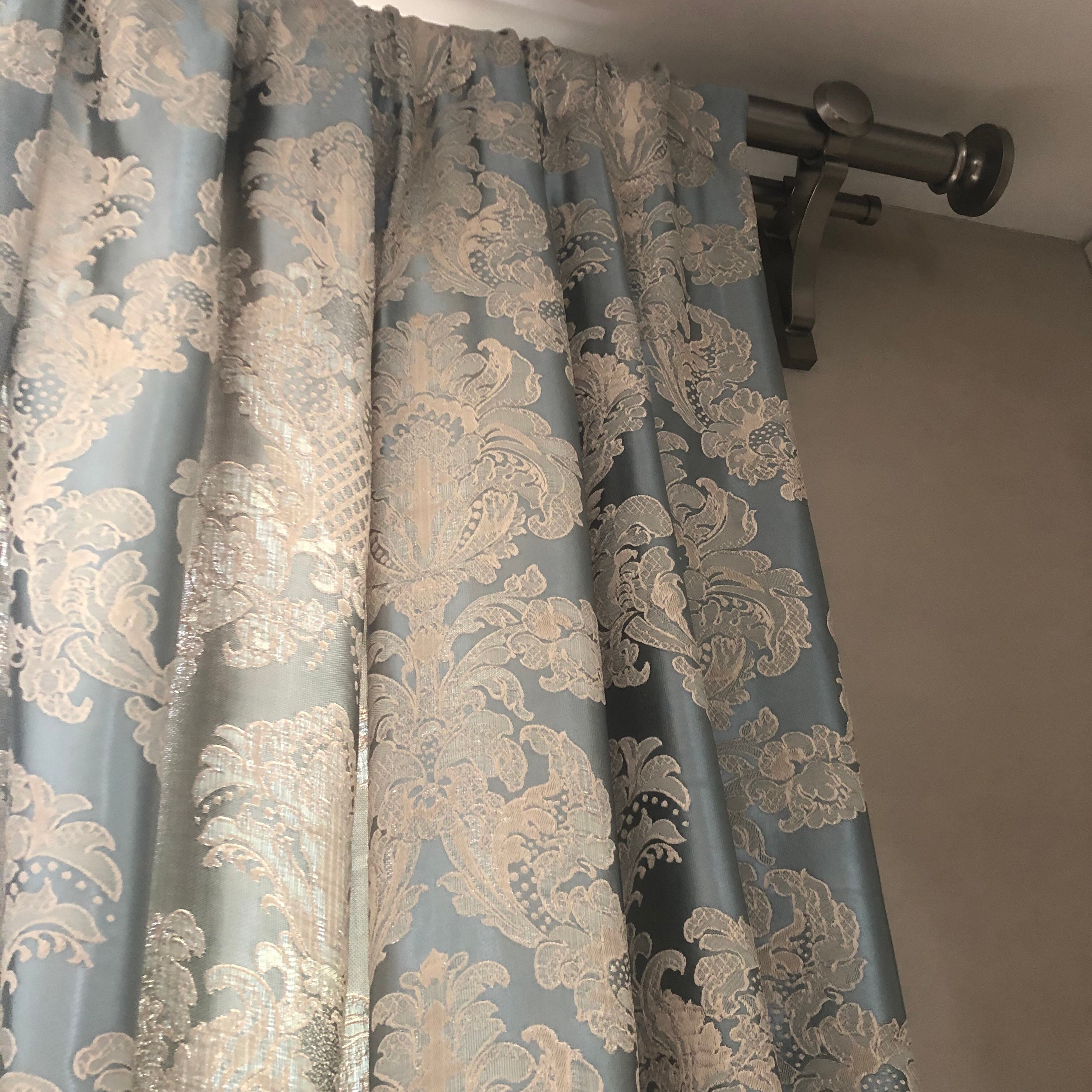 Blue Gold Curtains Classic Damask Fabric 116 Etsy