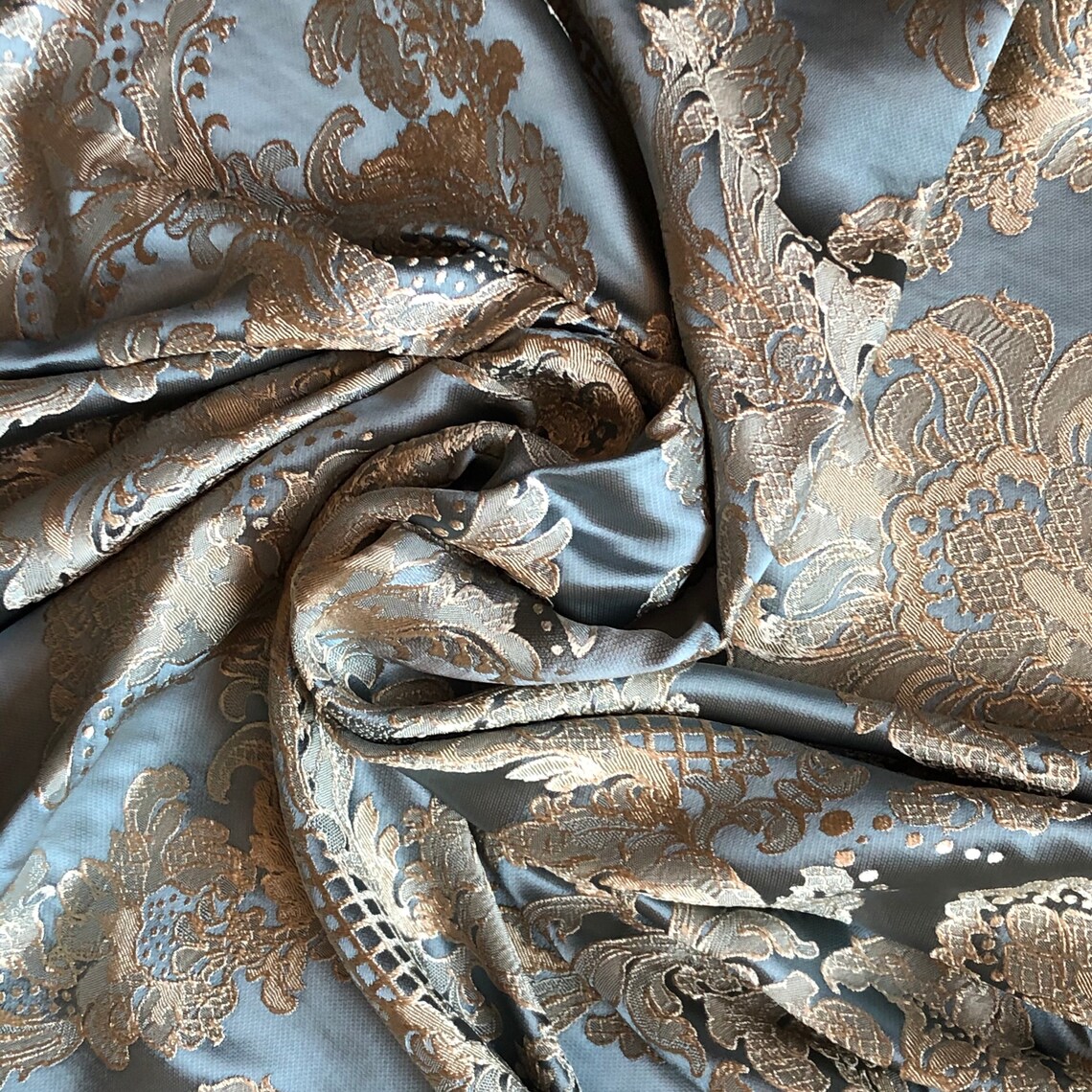 Blue Gold Curtains Classic Damask Fabric 116 Etsy