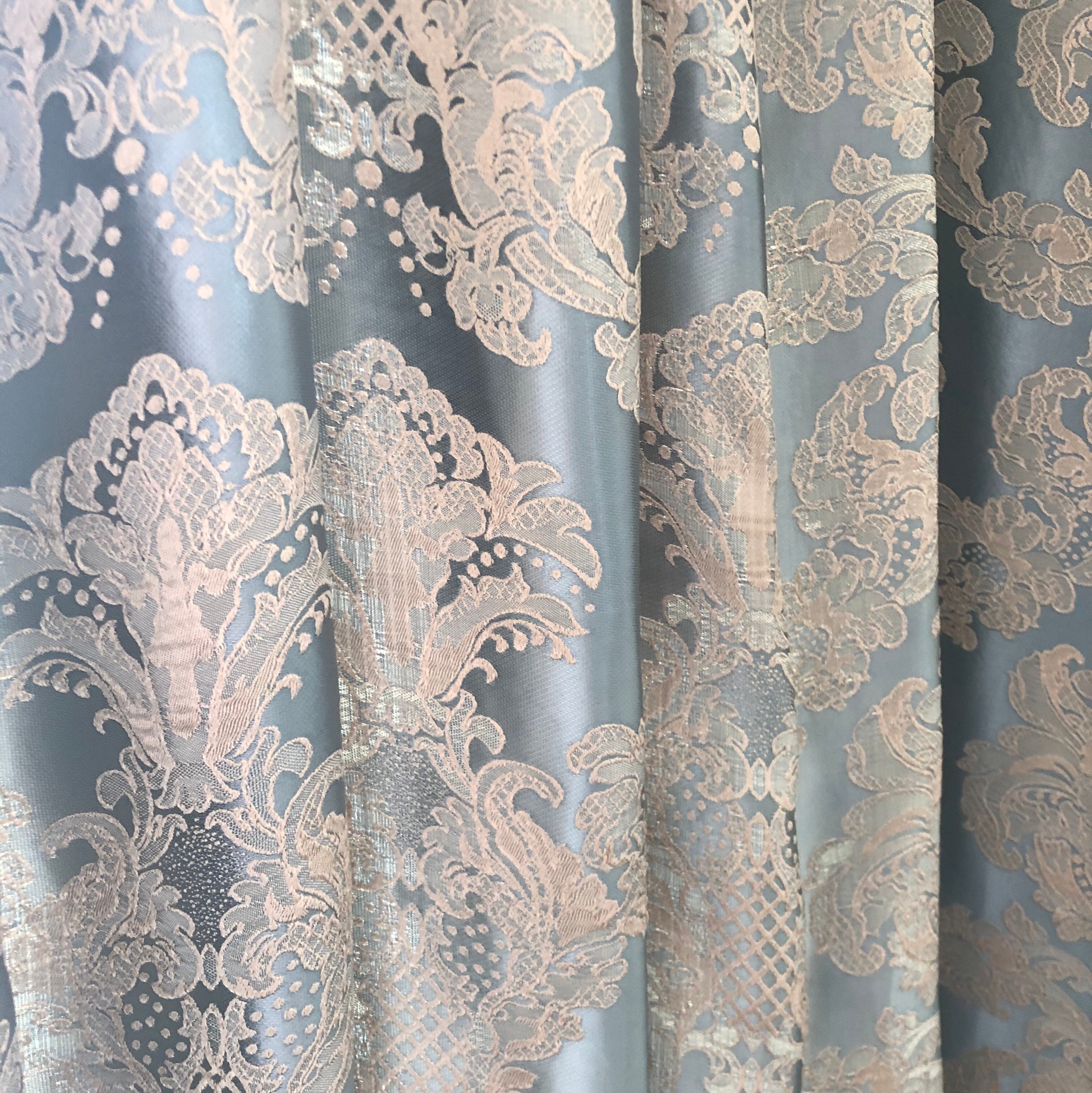 Blue Gold Curtains Classic Damask Fabric 116 Etsy