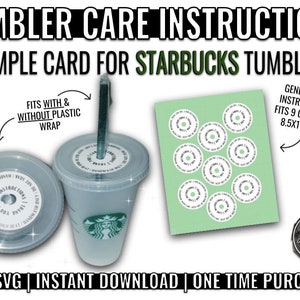 Puede incluir: Un vaso transparente de Starbucks con pajita, tapa e instrucciones de cuidado. La imagen incluye una hoja de pegatinas con instrucciones de cuidado y el texto "TUMBLER CARE INSTRUCTIONS" y "SIMPLE CARD FOR STARBUCKS TUMBLER".