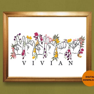 Custom Name Word Print - ASL, SASL, Sign Language, Florals, Nursery Decor, Children&#39;s Room, Art Print, Wall Art, Digital Download, Boho