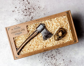 Realistic Handmade Chocolate Axe & Skull Goth Gift Box - Award-winning Small British Business - Plastic-free - Eco-friendly Christmas Gifts