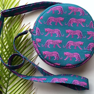 Handmade small round handbag | Jungle animal print Picasso 100% cotton round bag | 18cm crossbody round bag | Sustainable handmade handbag