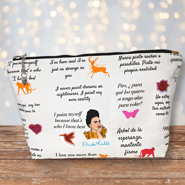 Frida Khalo nécessaire / Neceser de maquillaje con frases de Frida Khalo / Neceser con cremallera Frida hecho a mano / Neceser de viaje / Bolsa organizadora lavable