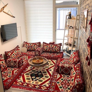 Oriental Floor Seating Sofa Red Set Cushions Turkish home decor Arabic Majlis Rug Yoga meditation floor corner Moroccan bohemian furniture