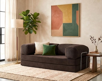Brown Corduroy Teddy Sofa Bed, Modern Floor Couch, Washable Cover, Sleeper Pillow