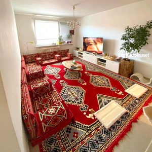 Big L SHAPED Oriental Floor Seating Sofa Red Fabric Cushions Turkish Jalsa Arabic Majlis Rug Oriental Home Decor Moroccan Sofa furniture Set