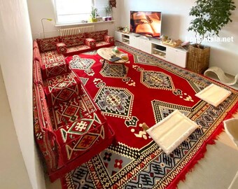 L-Shaped Red Turkish Floor Seating Sofa Set with Rug