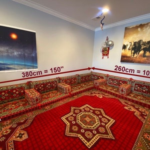 Big L SHAPED Oriental Floor Seating Sofa Red Fabric Cushions Turkish Jalsa Arabic Majlis Rug Oriental Home Decor Moroccan Sofa furniture Set