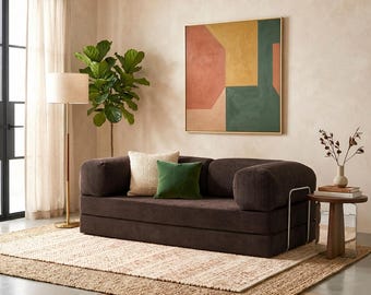 Sofá cama Teddy de pana marrón, sofá de suelo moderno, funda lavable, almohada para dormir.
